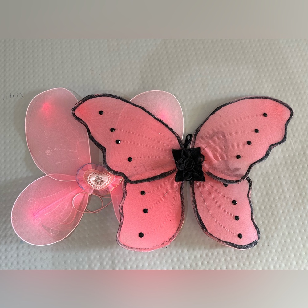 2 Pink Fairy Butterfly‎ Wings Costume Black Rhinestones flower Heart Detail